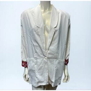 Vintage 90s Voice White Blazer Floral Cuff Detail Red Rayon Blend Made USA Small